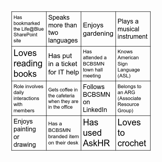 Try to Complete Three Rows or Columns! Bingo Card
