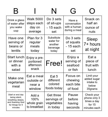 Healthy Habits Bingo Card