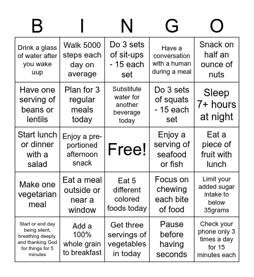 Healthy Habits Bingo Card