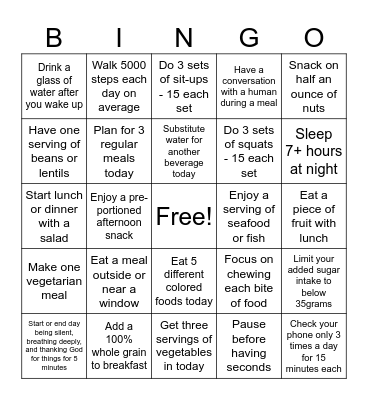 Healthy Habits Bingo Card