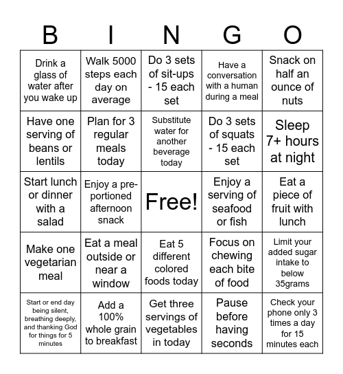 Healthy Habits Bingo Card