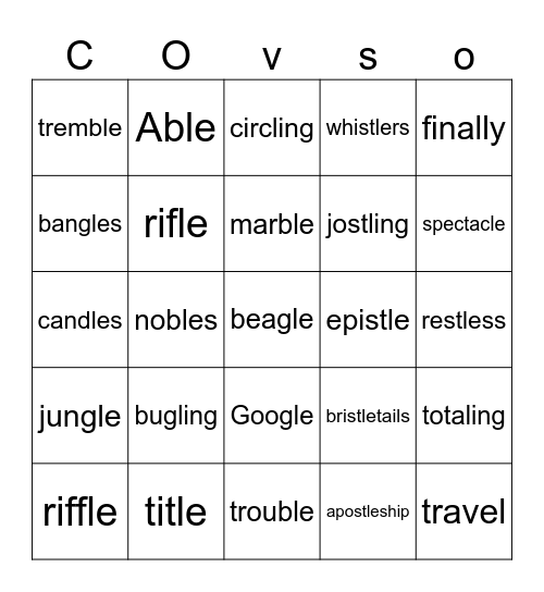 Consonant Le/stle/ and suffixes Bingo Card