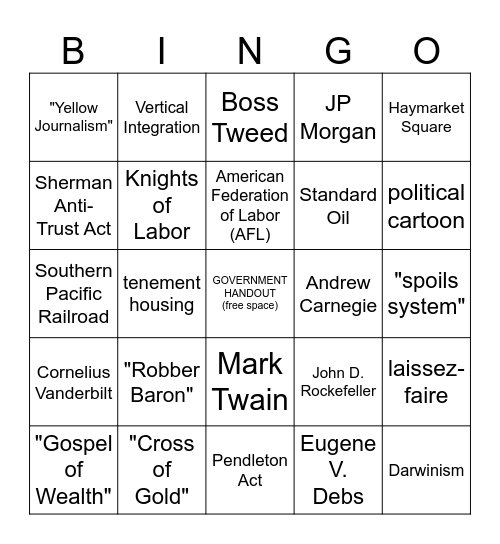 PBS Gilded Age BINGO! Bingo Card