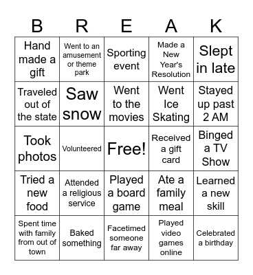 Winter Break Bingo Card