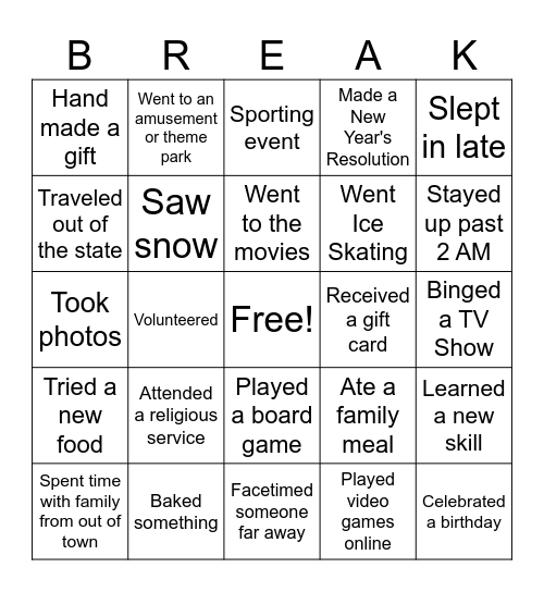 Winter Break Bingo Card