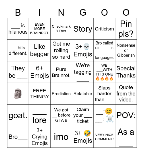 Youtube Shorts Comments Bingo! Bingo Card