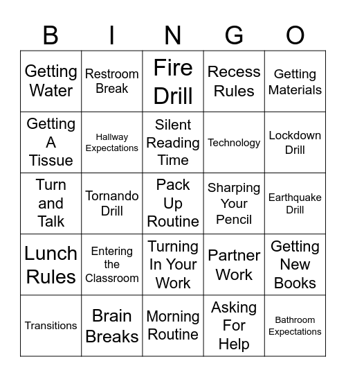 Routines and Procedures Bingo Card