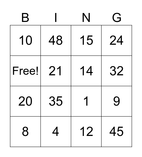 Math Multiplication Facts Bingo Card