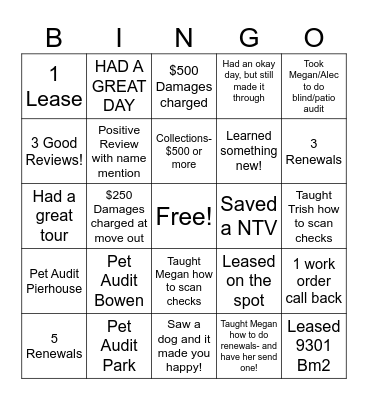 Taylor's January Leasing Bingo Card
