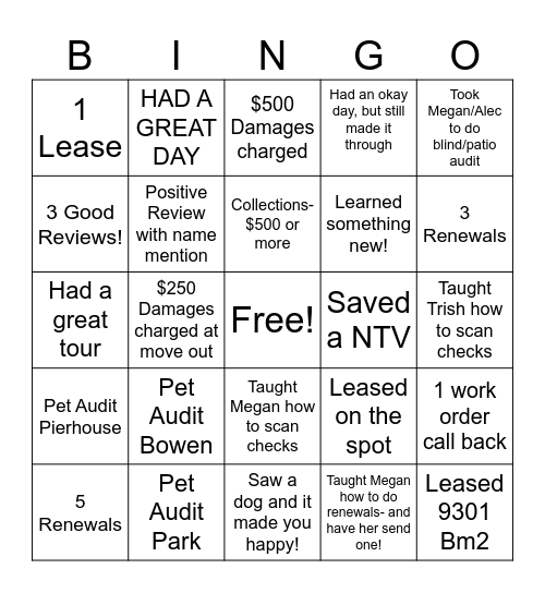 Taylor's January Leasing Bingo Card