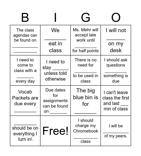 Classroom Rules and Expectations Bingo Card