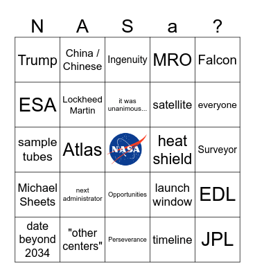 Mars Sample Return Update Bingo Card