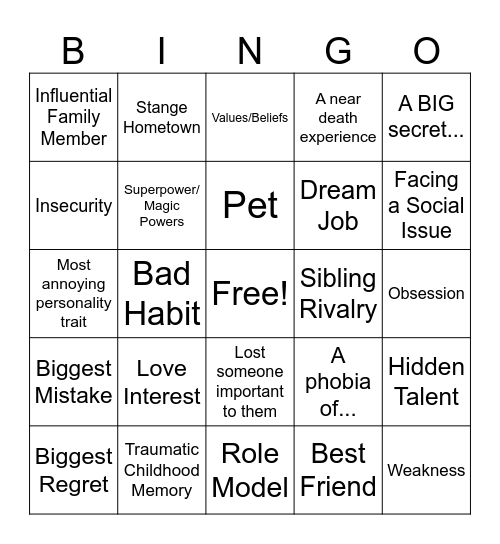Character Motivations/Backstory Bingo! Bingo Card