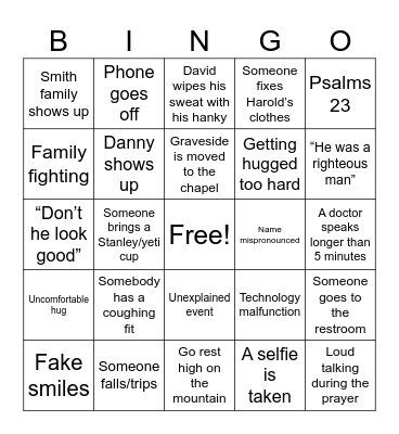 Harold’s Funeral Bingo Card