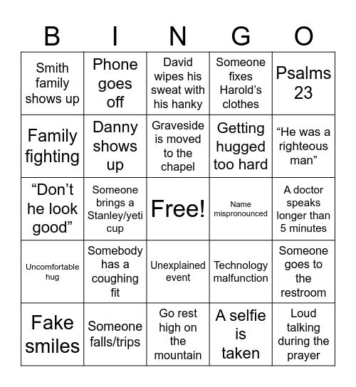 Harold’s Funeral Bingo Card
