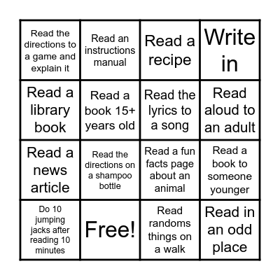 Reading Bowl Bingo Card