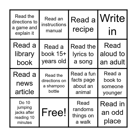 Reading Bowl Bingo Card