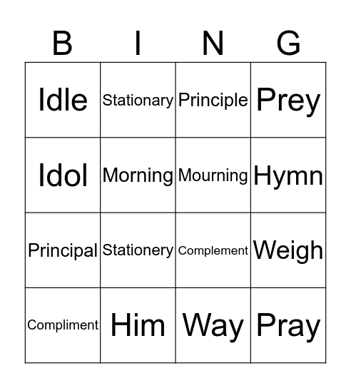 Jess Manon homophones Bingo Card