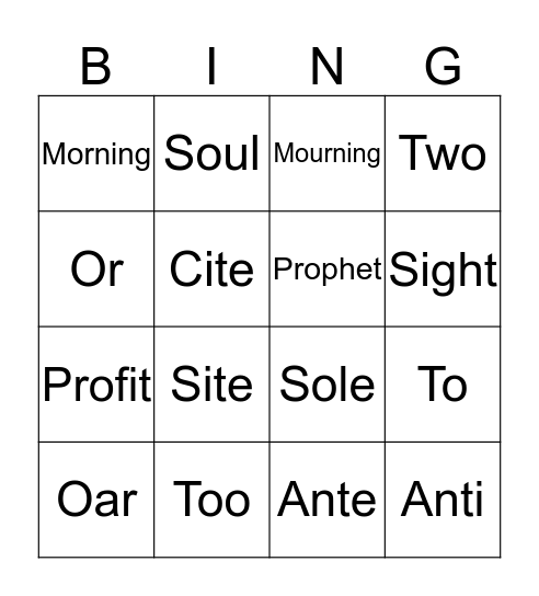 Pacey Taylor homophones Bingo Card