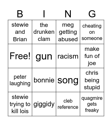 Family Guy BINGO Card