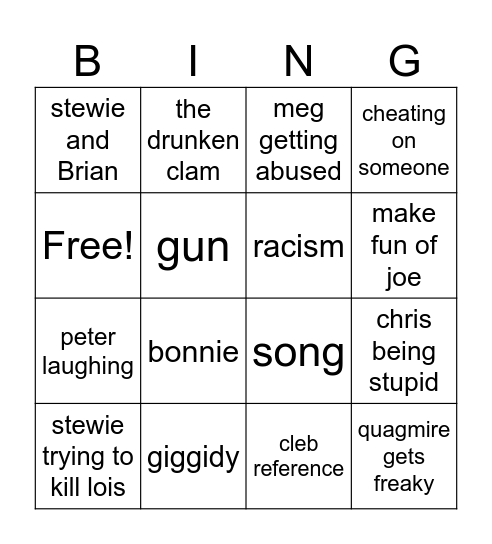 Family Guy BINGO Card