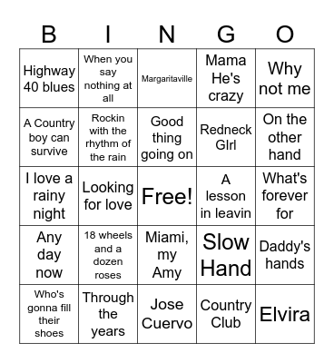 Top  Country of 80s Bingo Card
