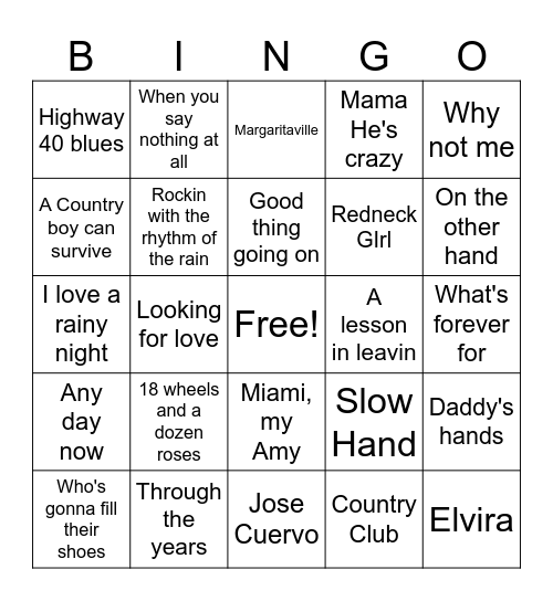 Top  Country of 80s Bingo Card