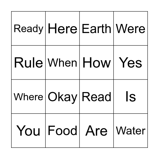Sight Words Bingo Card