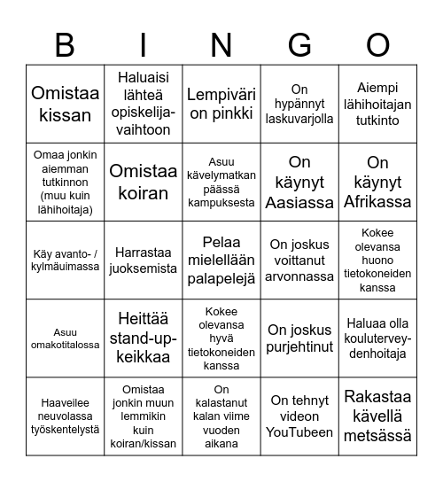 Tutustumisbingo terveydenhoitajaopiskelijoille Bingo Card