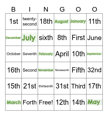 Dates and Months Bingo Card