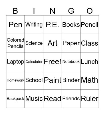 Back to School Bingo Card