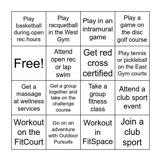 Campus Rec Bingo Card