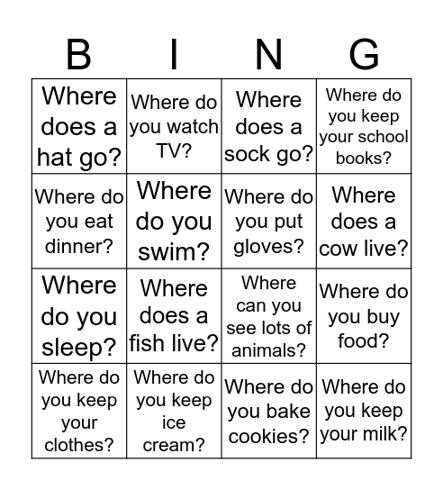 Preposition Bingo Card