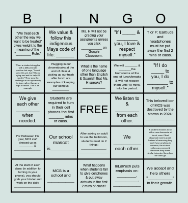MCS Community Agreements Bingo Card