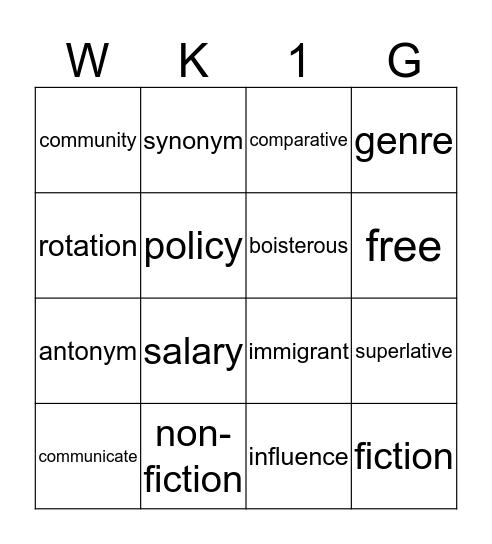 Vocabualry Bingo Card