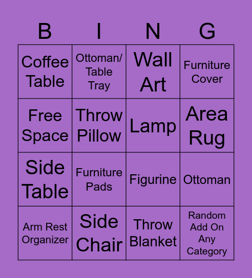 Add On suggestions Bingo Card