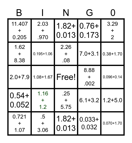 Adding Decimals Bingo Card