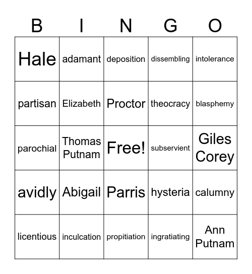 The Crucible Vocab 2025 Bingo Card