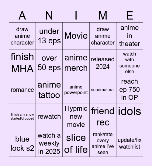 Anime Bingo Card