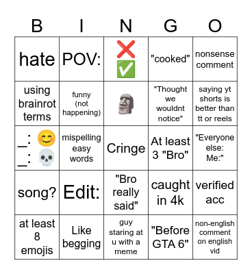 Youtube shorts comments bingo Card