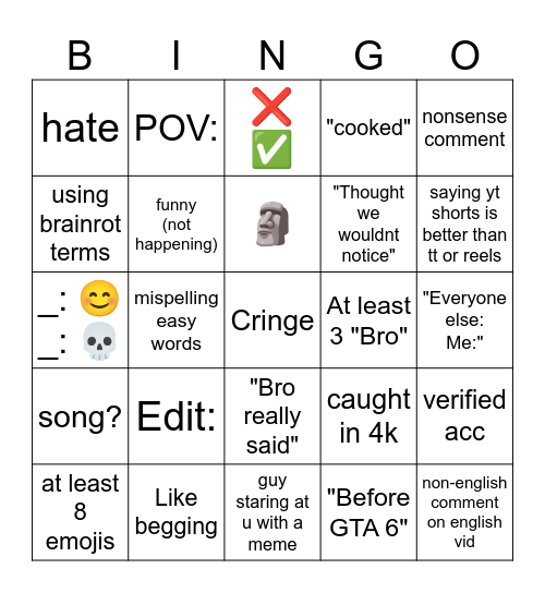 Youtube shorts comments bingo Card