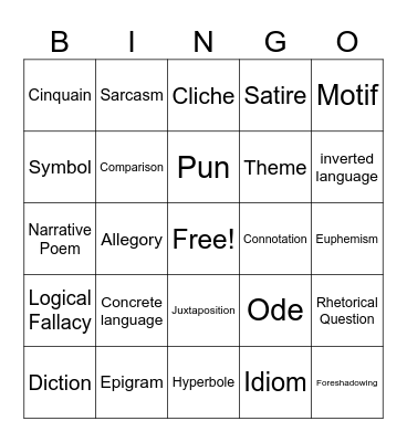 Introduction to Poetry Bingo Card
