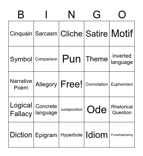 Introduction to Poetry Bingo Card
