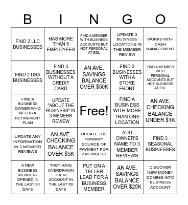 BUSINESS BANKING BINGO Card
