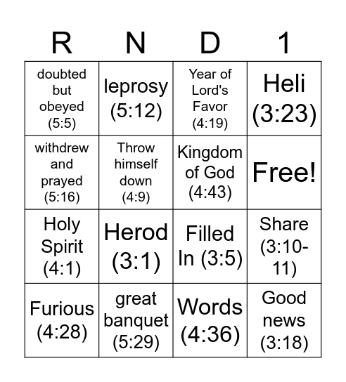 Luke 3-5 Round 1 Bingo Card