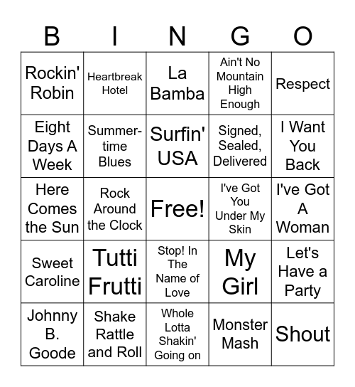 50's & 60's Bingo Card