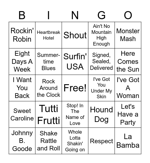 50's & 60's Bingo Card
