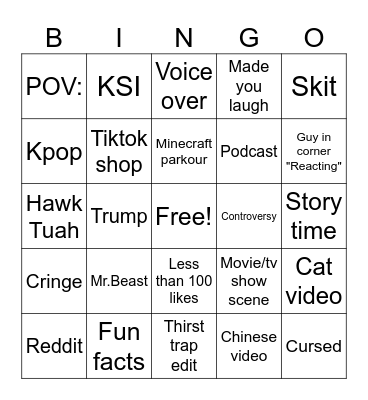 Tiktok Bingo Card