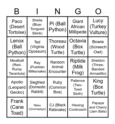 Animal Ambassador Bingo Card