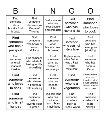GET TO KNOW YOU Bingo Card